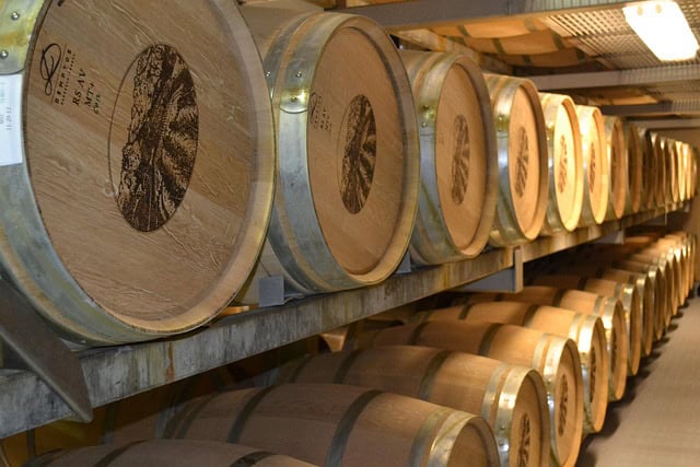 Wine barrels stored in a winery for aging and fermentation.
