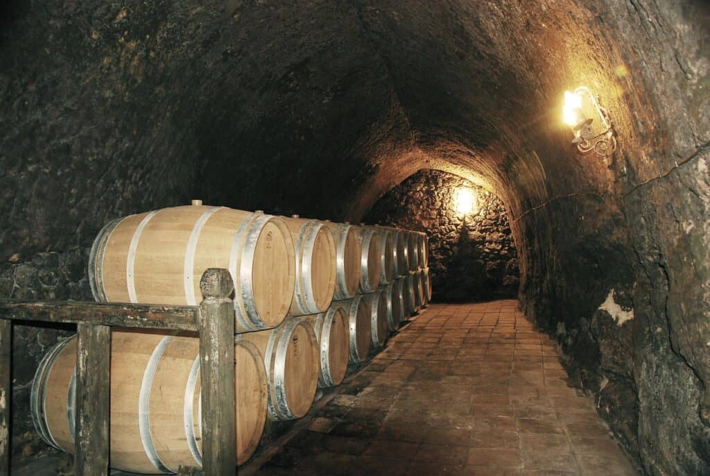 Wine cellar tunnel with barrels for wine aging and storage.
